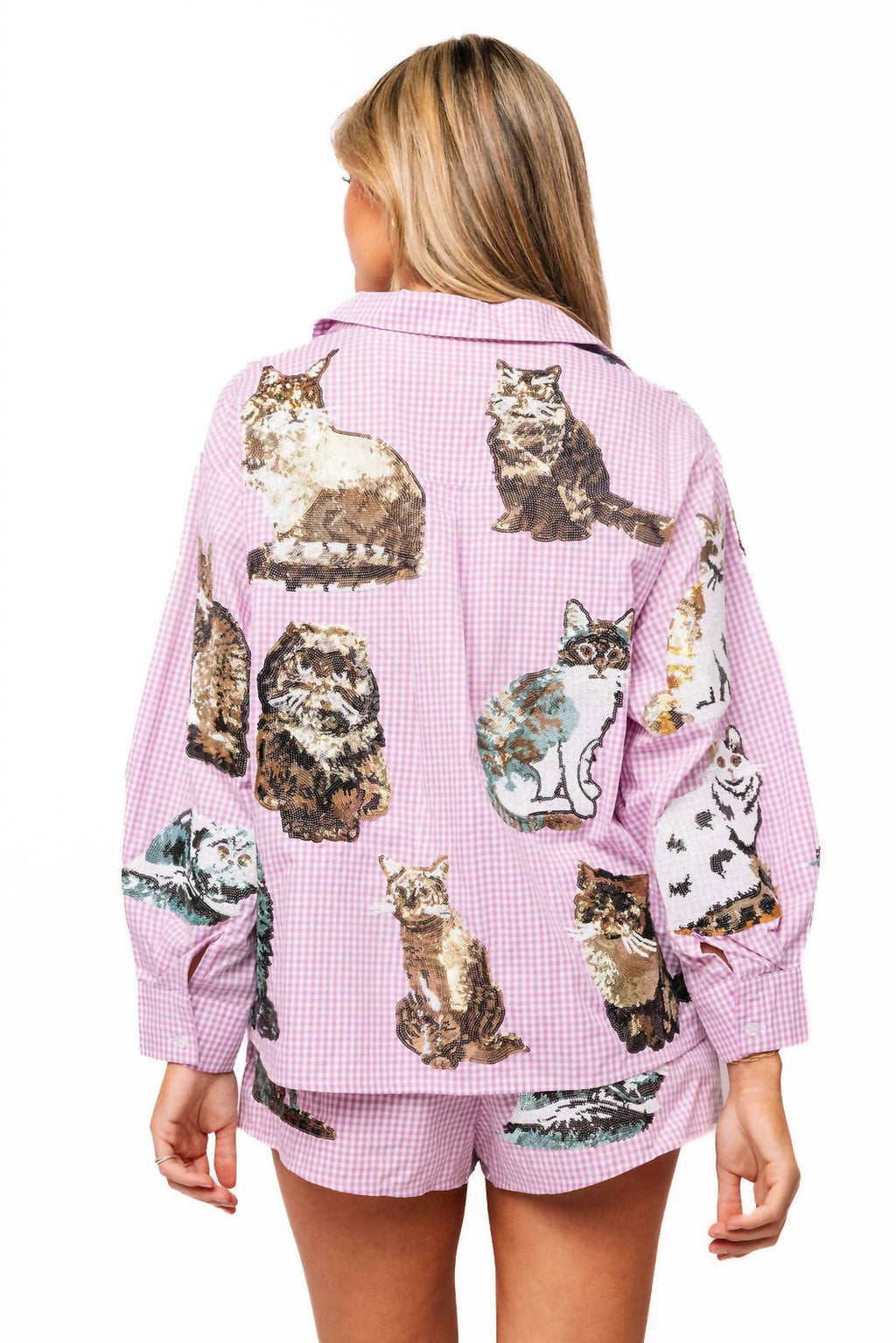 Queen Of Sparkles - Gingham Queen Of Cats Button Up Long Sleeve Top