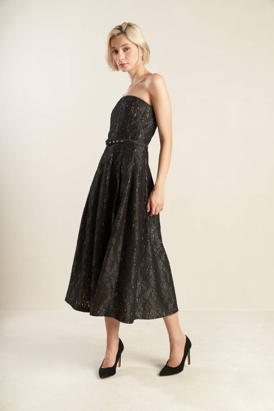 THE TRUTH IS STRAPLESS BLACK LACE MIDI DRESS - FINAL SALE