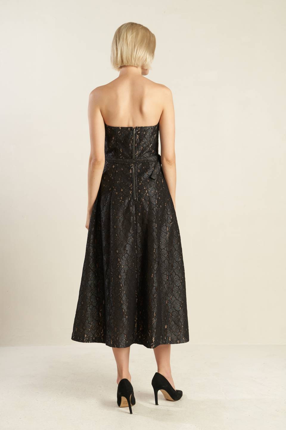 THE TRUTH IS STRAPLESS BLACK LACE MIDI DRESS - FINAL SALE