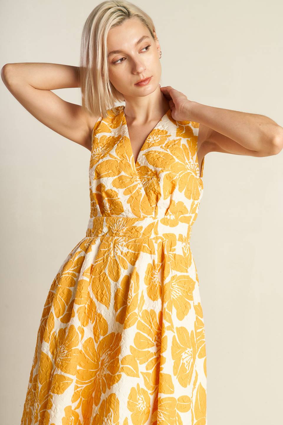 BOLD BLOOMS - MUSTARD YELLOW MIDI DRESS