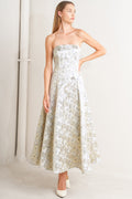 WHITE & GOLD JACQUARD STRAPLESS MIDI DRESS