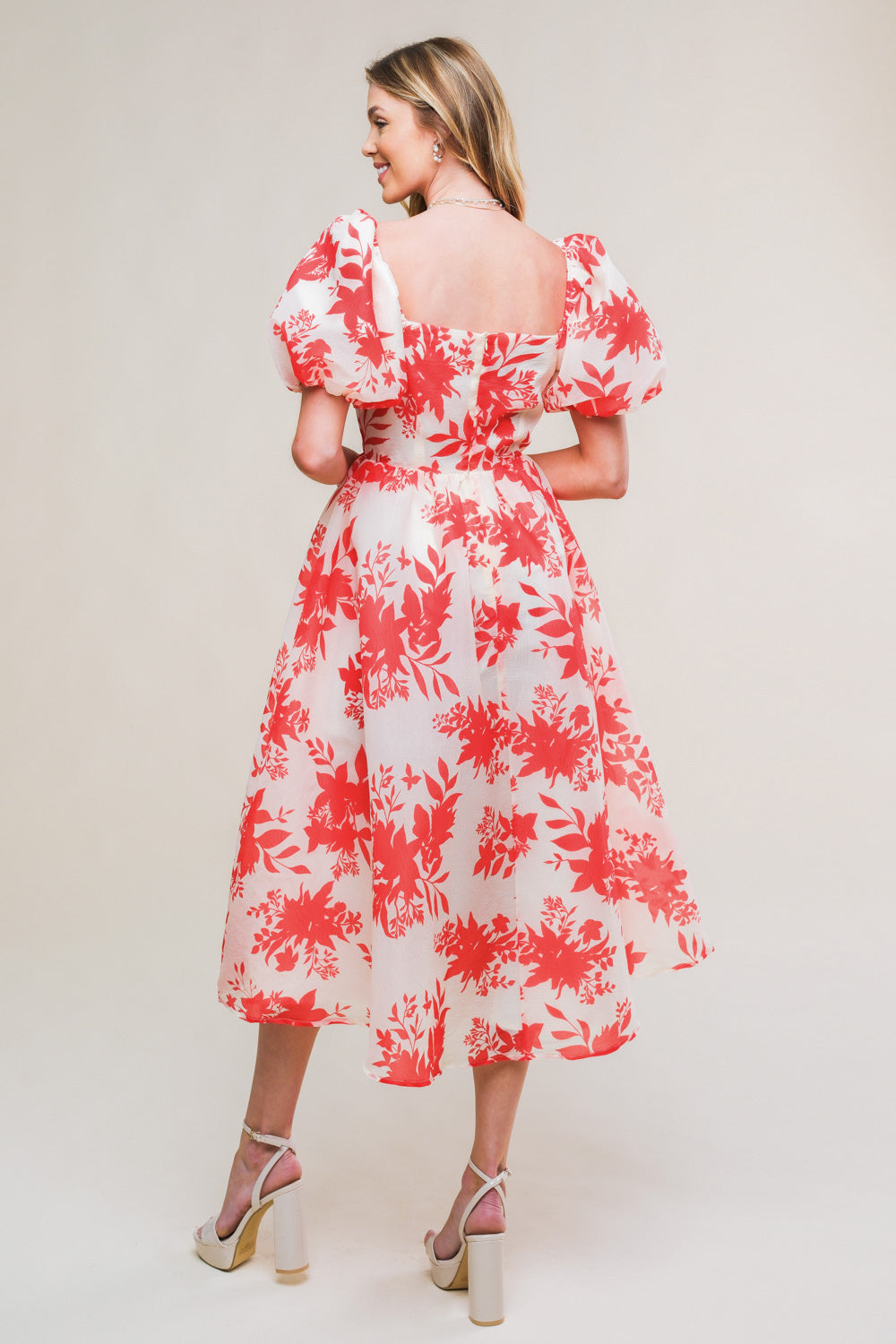 COTTAGE GARDEN PUFF SLEEVE MIDI DRESS - RED