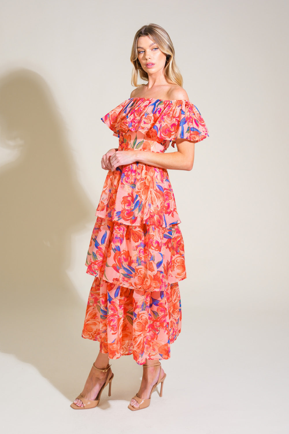 STROLL THE AVENUES MIDI DRESS - PEACH - FINAL SALE
