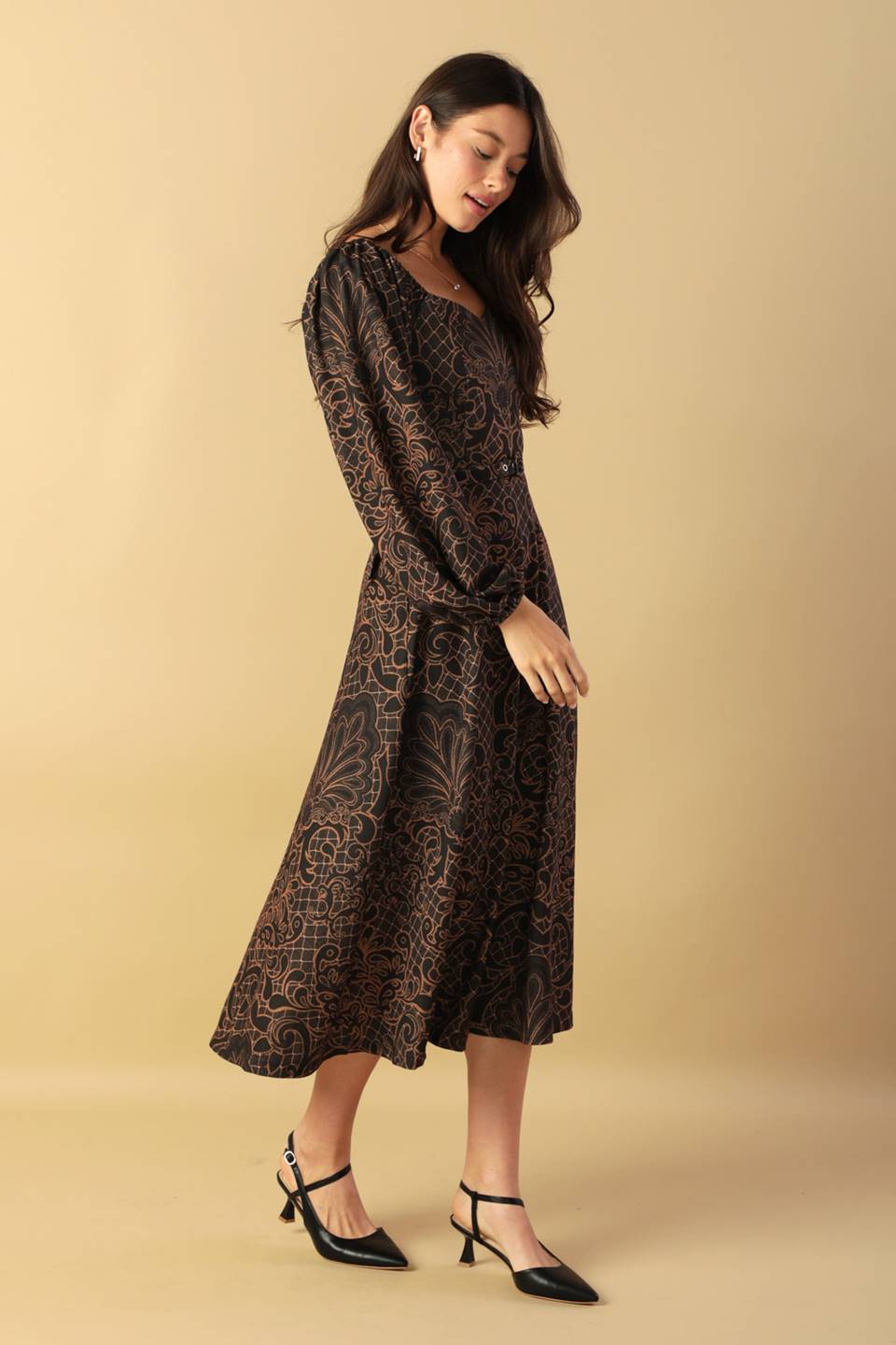 RUSTIC ALLURE BROWN MIDI DRESS