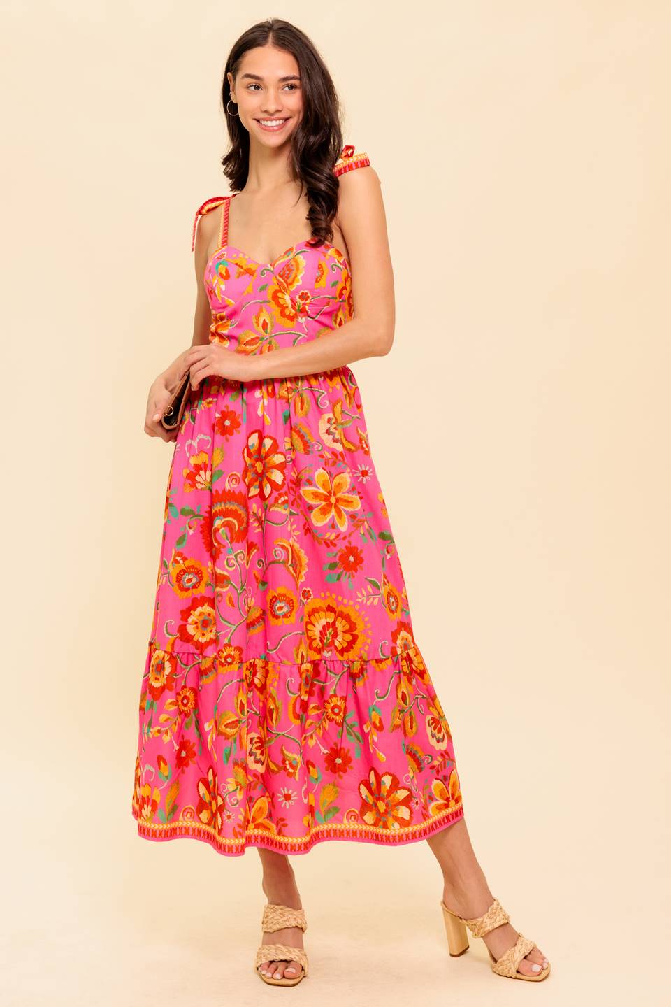 GARDEN GATHERING BUSTIER MIDI DRESS - PINK MULTI
