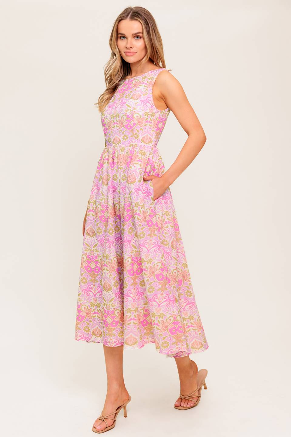 UNDER THE SUN - PINK MIDI DRESS WITH POCKETS