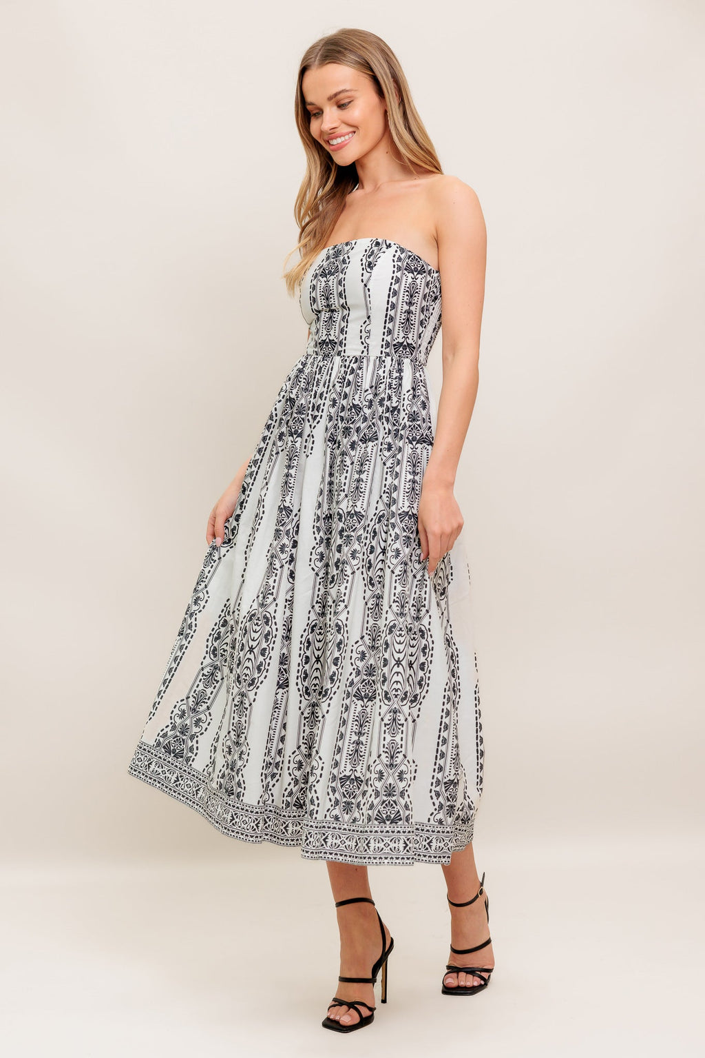 SUMMER SILHOUETTE STRAPLESS BLACK & WHITE MIDI DRESS