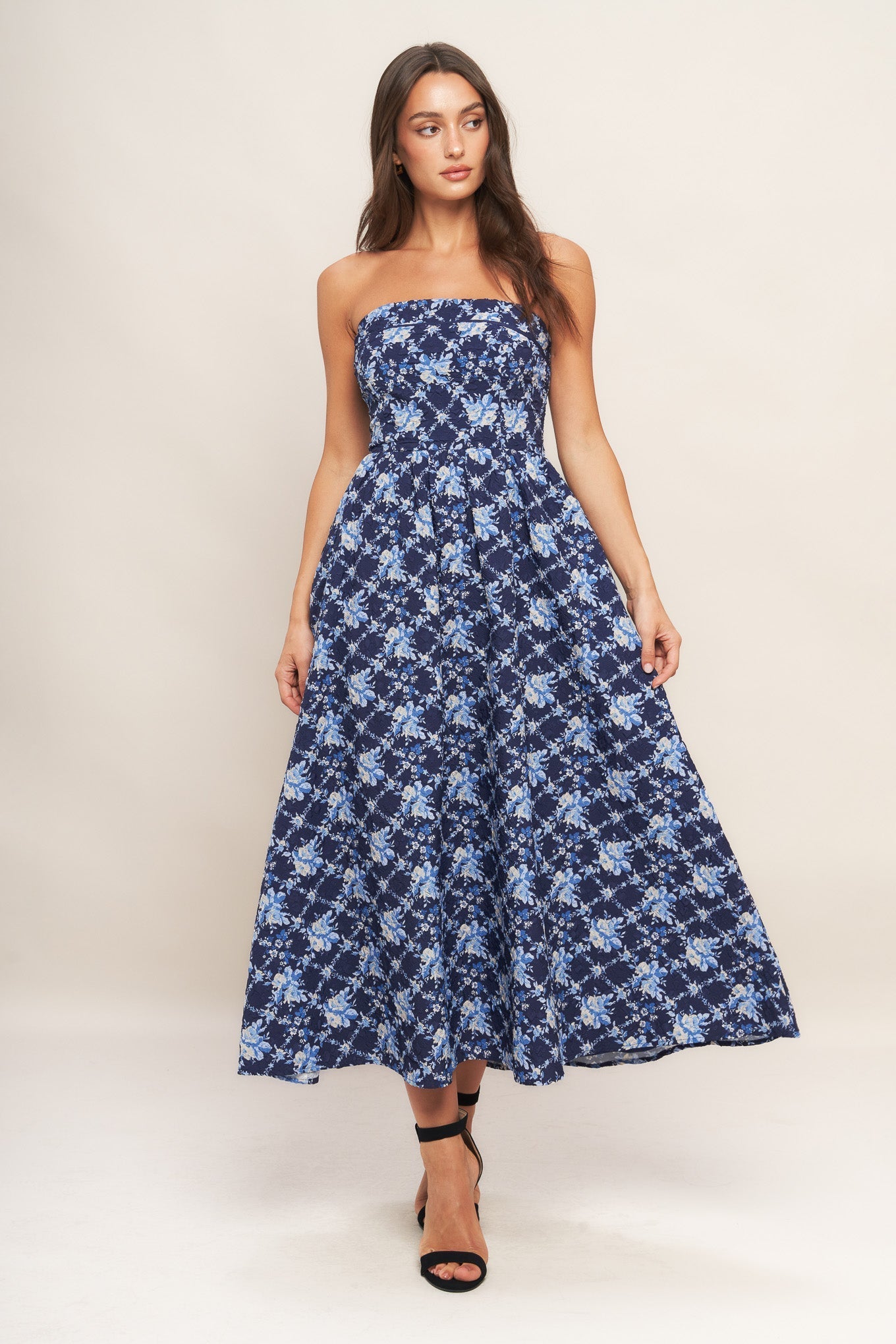 BLUE RENAISSANCE STRAPLESS MIDI DRESS