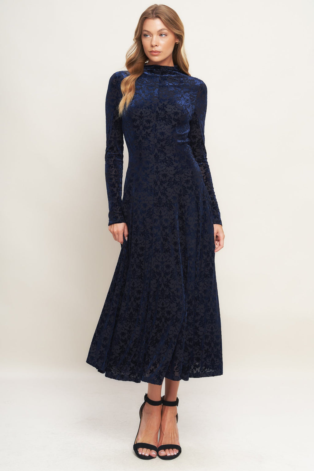 Size Small. VELVET GALAXY CHARM MIDI DRESS - NAVY - FINAL SALE