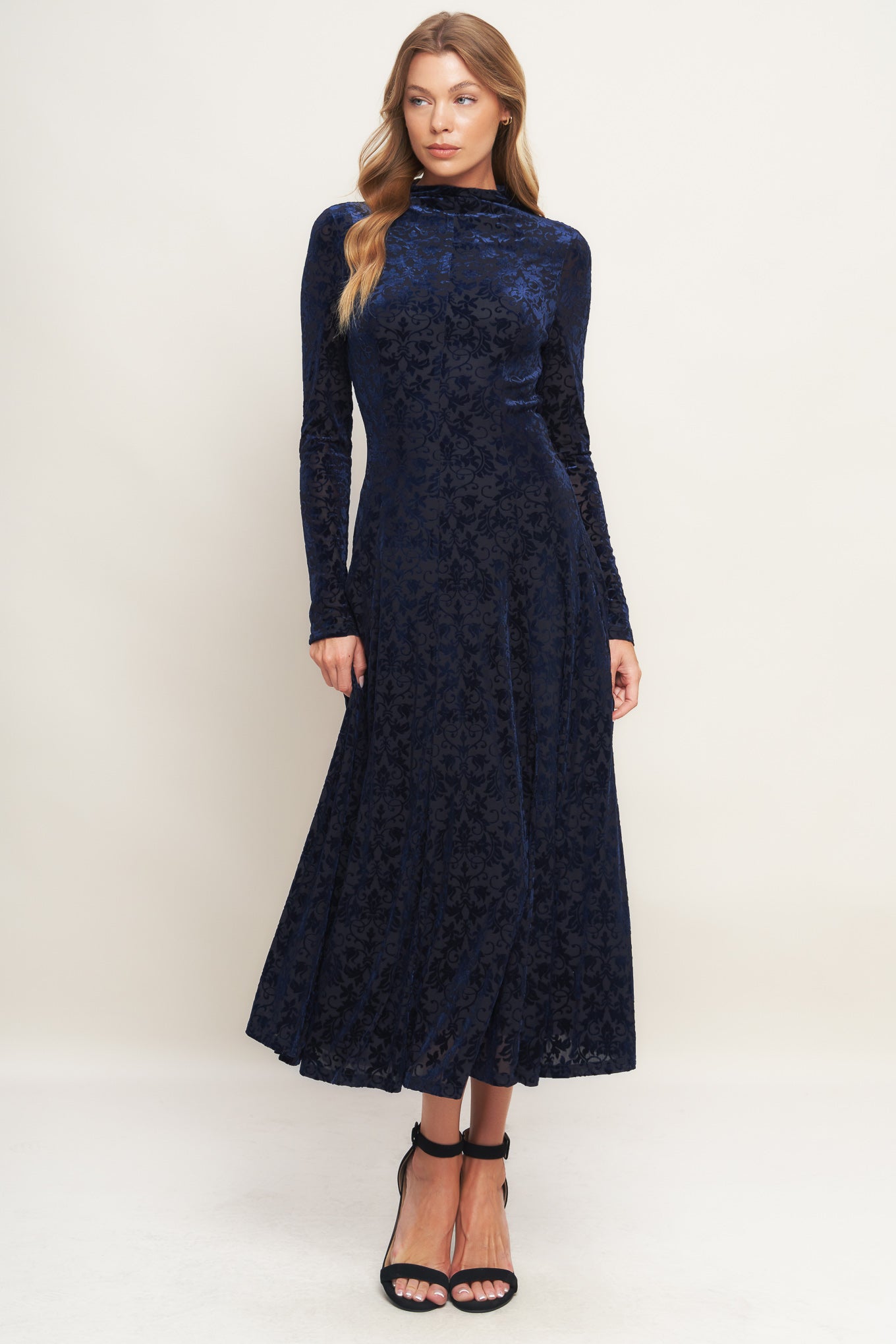 Size Small. VELVET GALAXY CHARM MIDI DRESS - NAVY - FINAL SALE