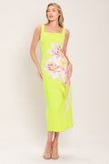 LUSH LIME MIDI DRESS WITH SQUARE NECKLINE