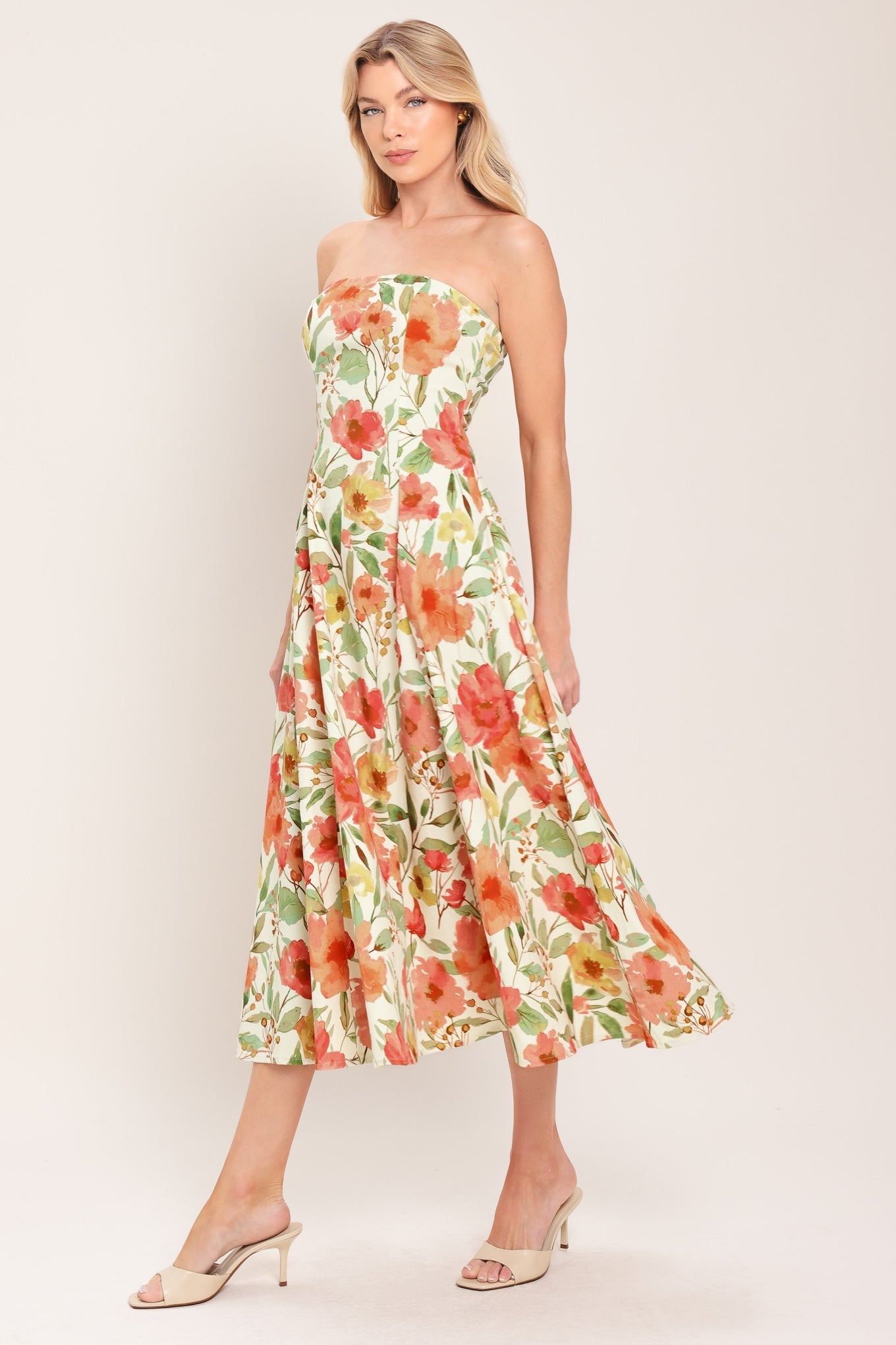 FLORAL DAYDREAM STRAPLESS MIDI DRESS