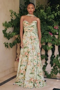 MEADOWS GOWN - STRAPLESS A-LINE SAGE FLORAL CHIFFON GOWN WITH SCARF