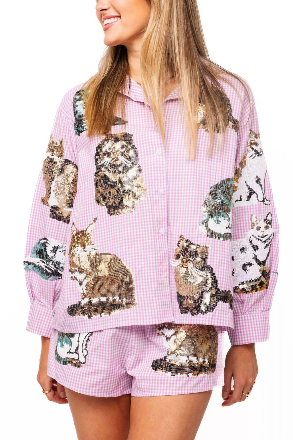 Queen Of Sparkles - Gingham Queen Of Cats Button Up Long Sleeve Top
